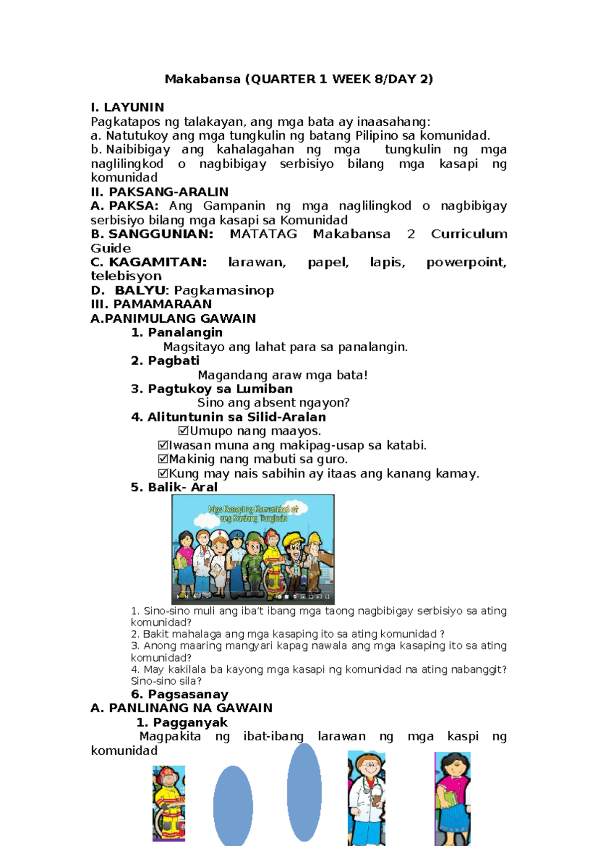 Makabansa (QUARTER 1 WEEK 2) - Gampanin ng mga Kasapi sa Komunidad ...