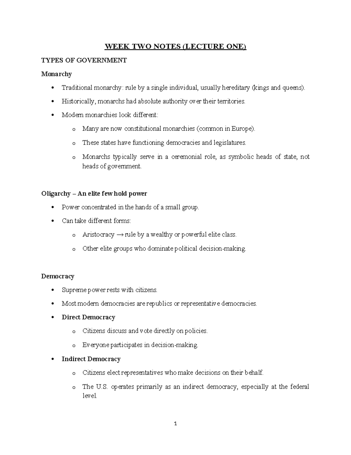 POL 101 WEEK TWO LECTURE NOTES: GOVT TYPES & REPRESENTATION MODELS ...