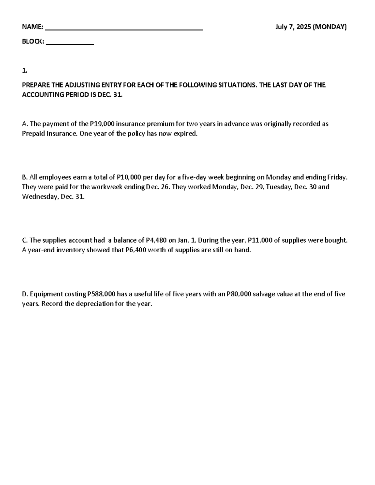 Adjusting Entries Homework for Accounting 101 - July 7, 2025 - Studocu