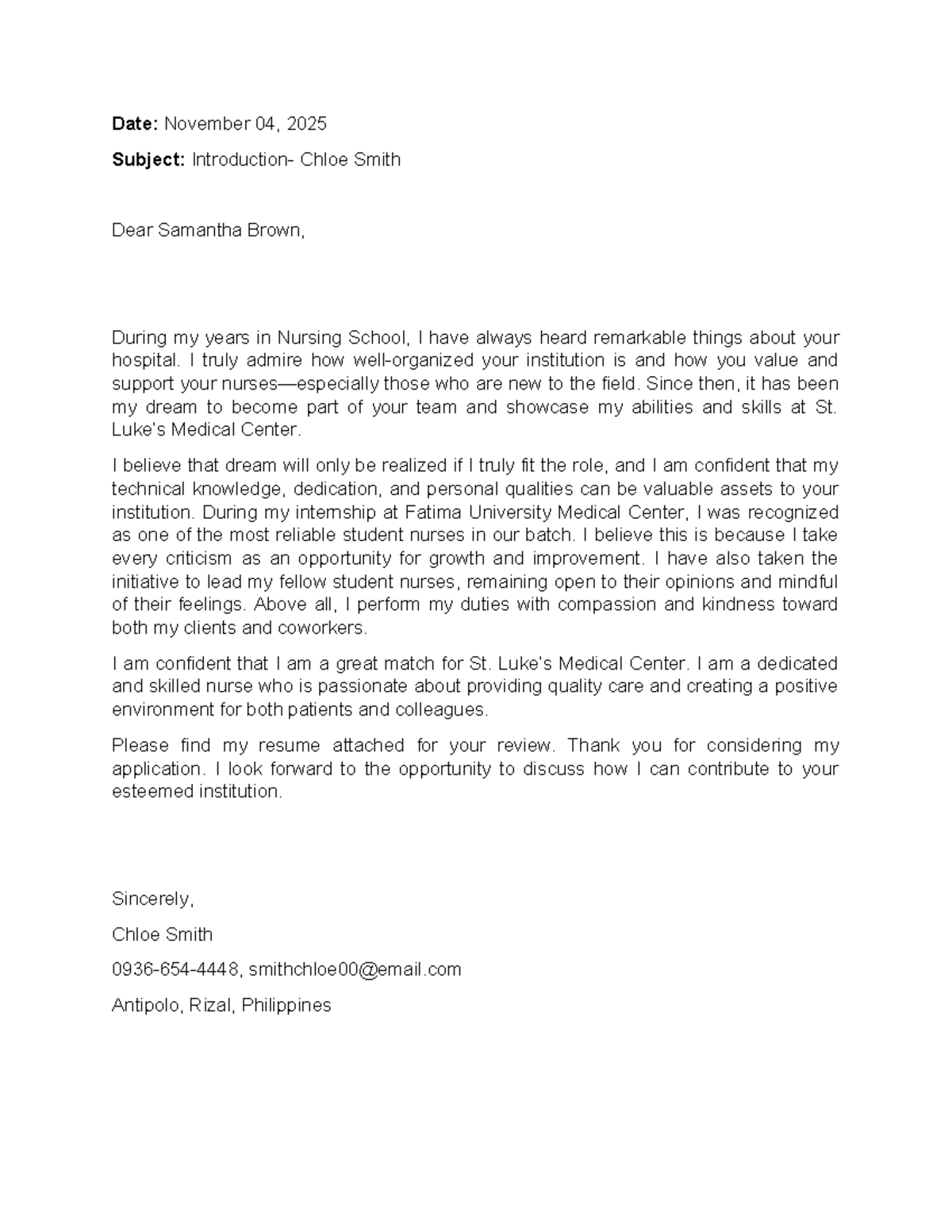 NURS 101: Application Letter for Staff Nurse Position at St. Medical ...