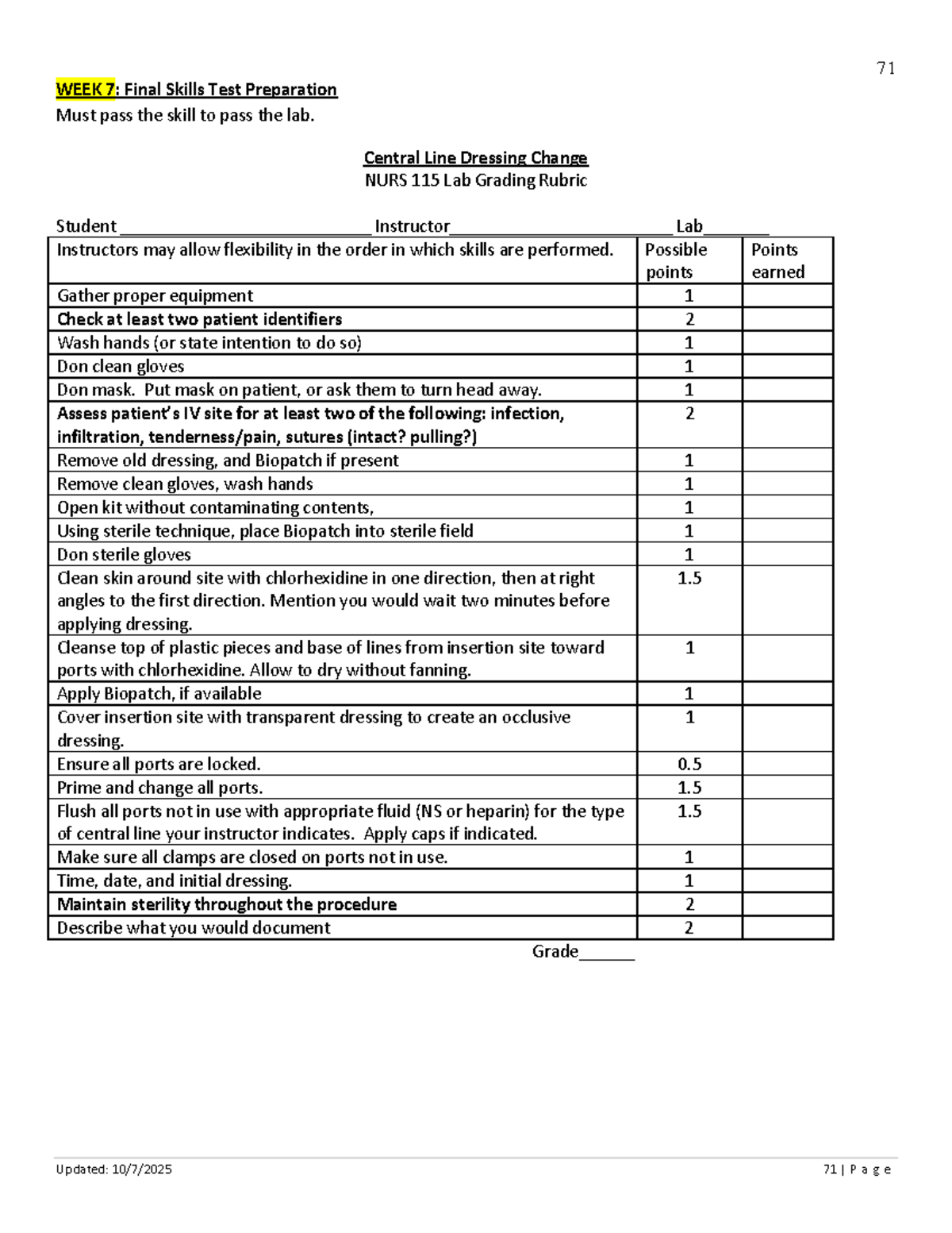NURS 115: Final Skills Test Prep for Central Line & IV Insertion - Studocu