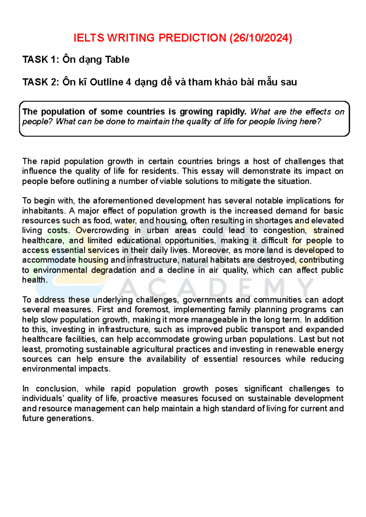 IELTS Writing Prediction 26102024: Task 1 & Task 2 Overview - Studocu