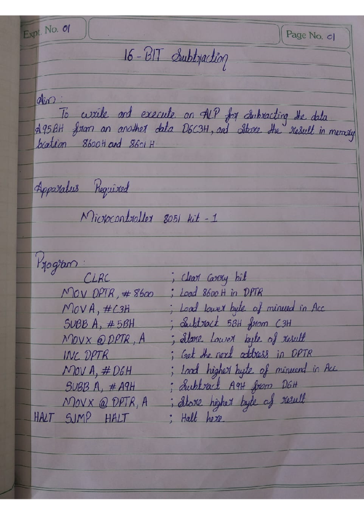 Microcontroller 8051 ALP Experiments: Subtraction, Addition ...