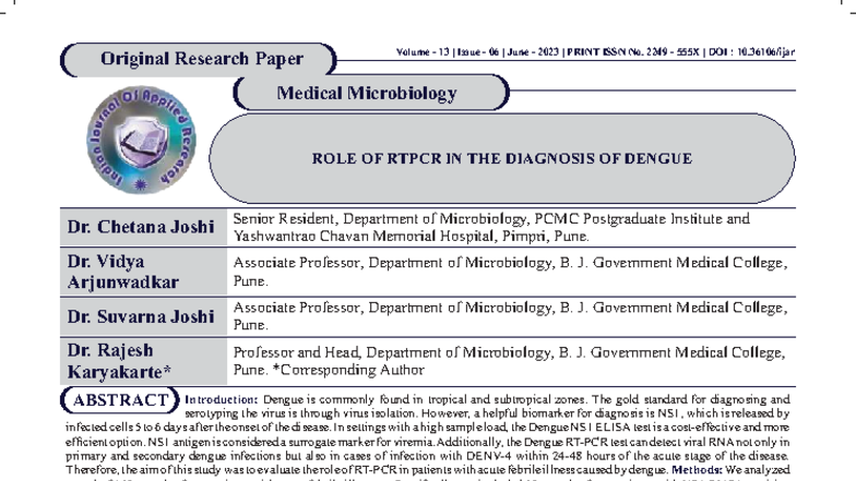 Role of RT-PCR in Dengue Diagnosis: Original Research Paper (Vol 13 ...
