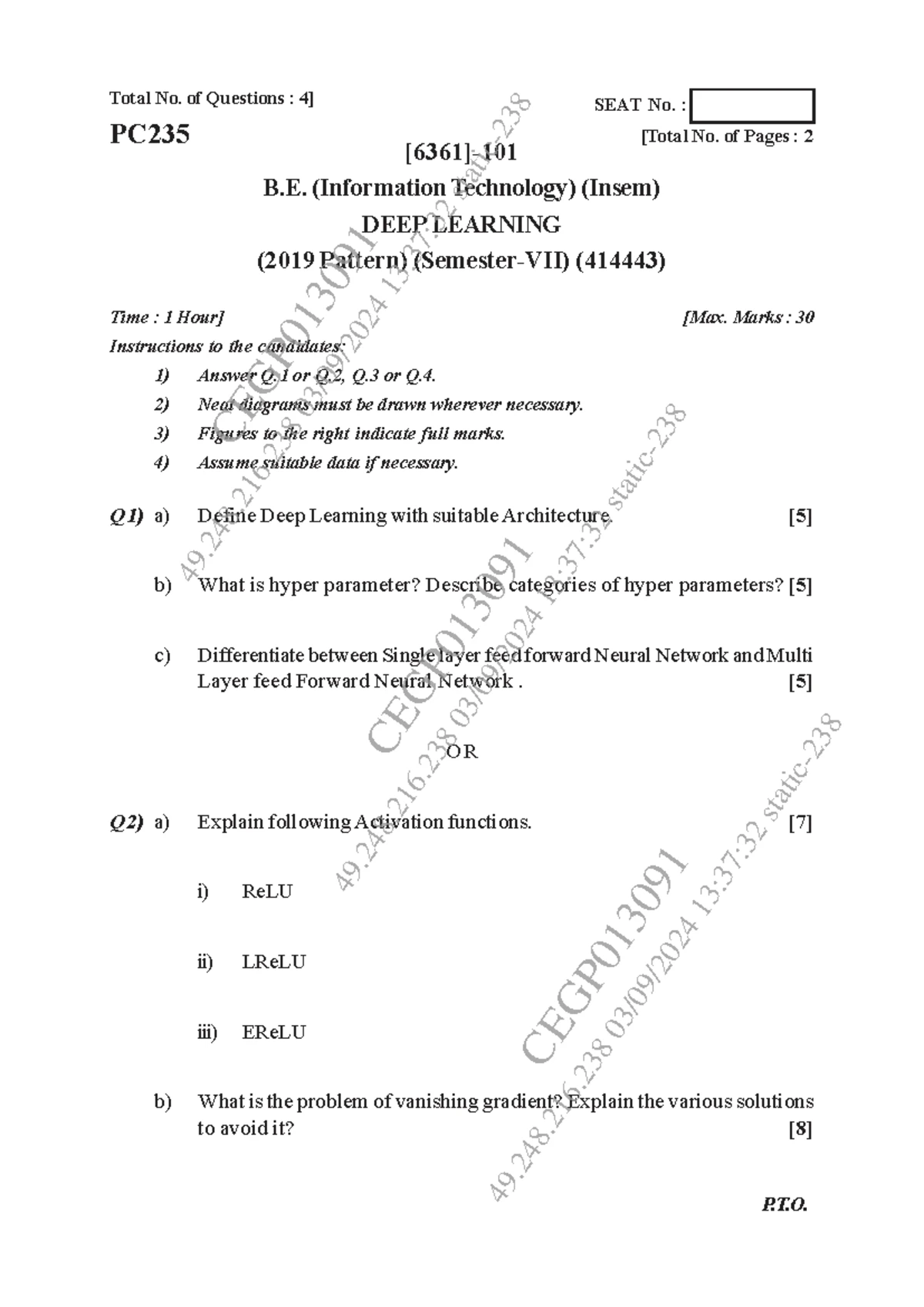 B.E. (IT) Insem Exam: Deep Learning QP - Sep 2023 - Studocu