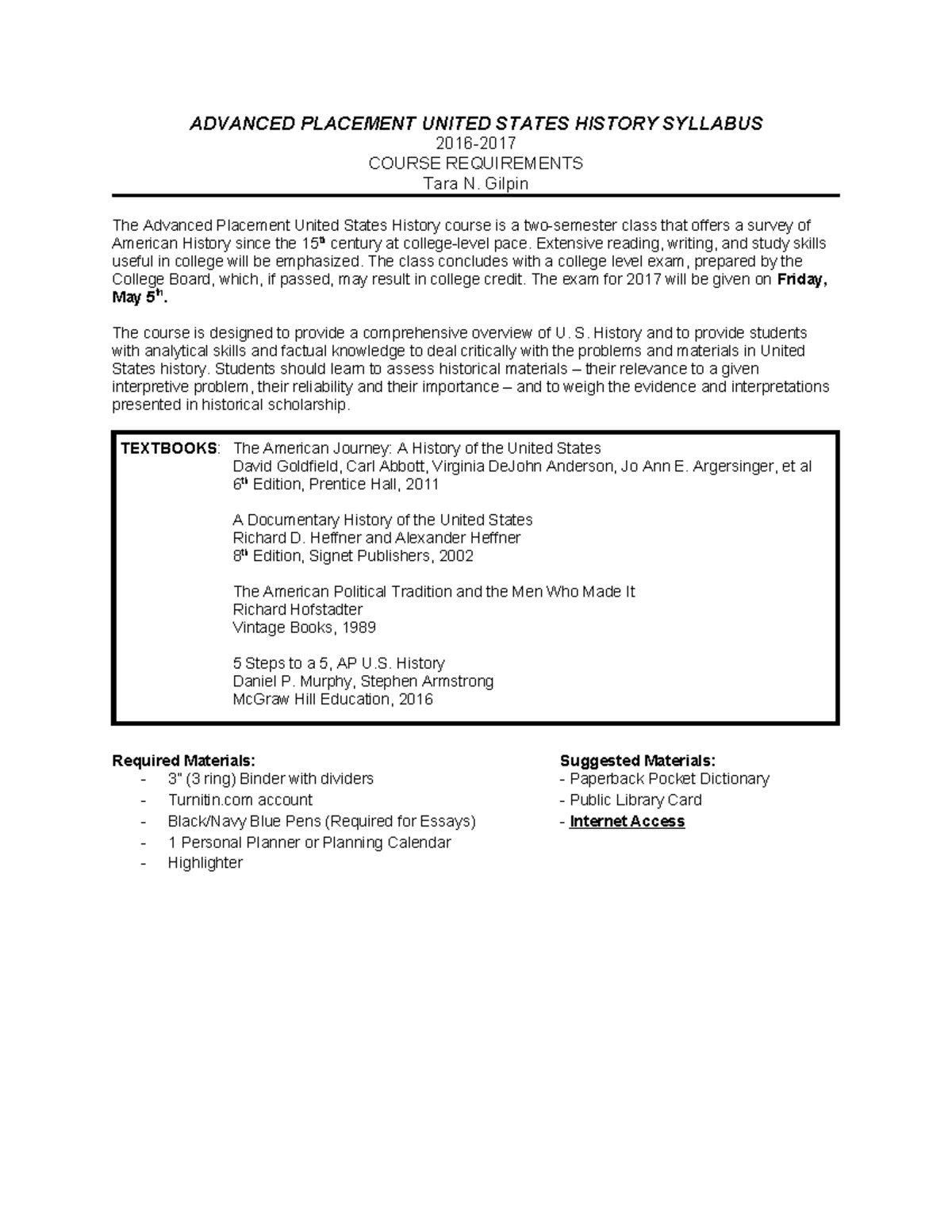 APUSH Syllabus: Course Requirements & Overview by Tara N. Gilpin - Studocu