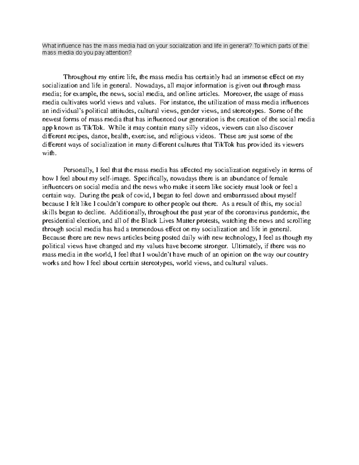 SOC 101 Week 4 Discussion: Impact of Mass Media on Socialization - Studocu