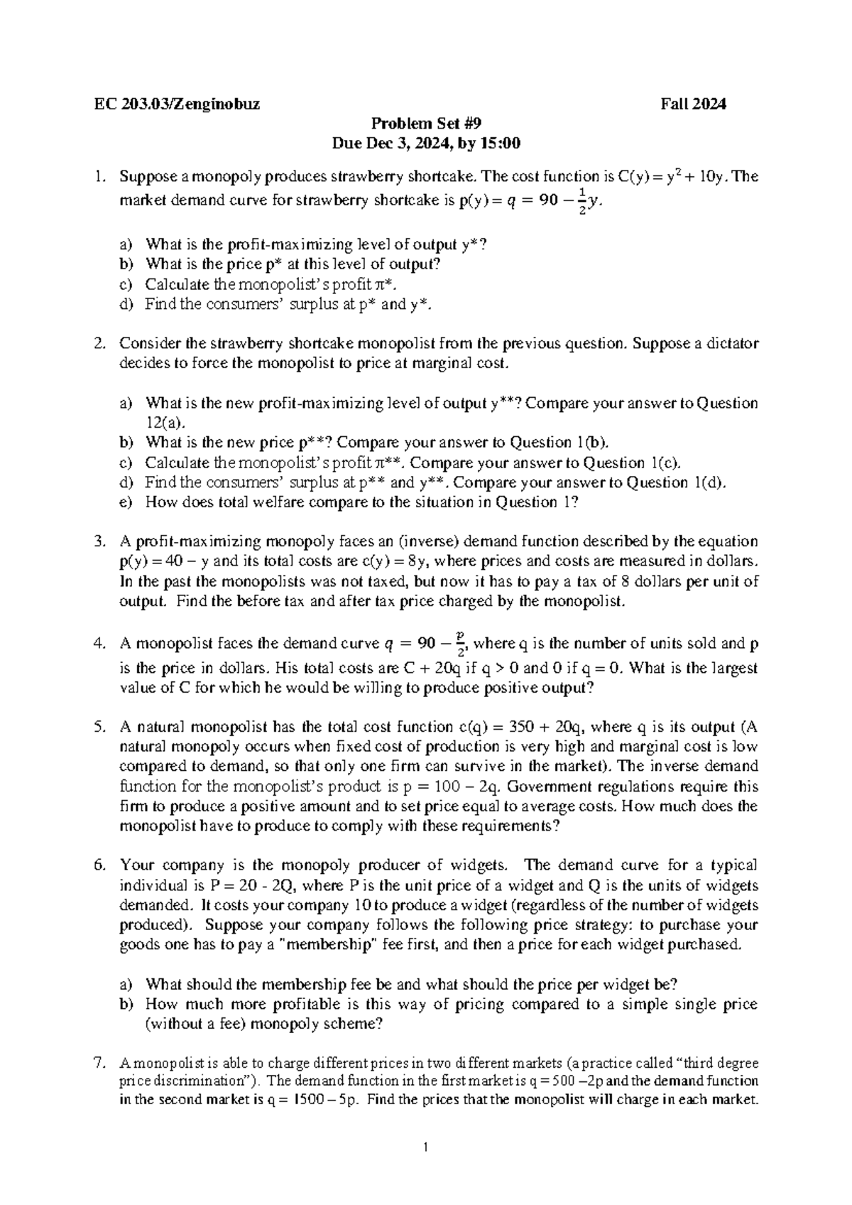 EC203 Fall 2024 Problem Set 9: Monopoly Analysis and Pricing Strategies ...