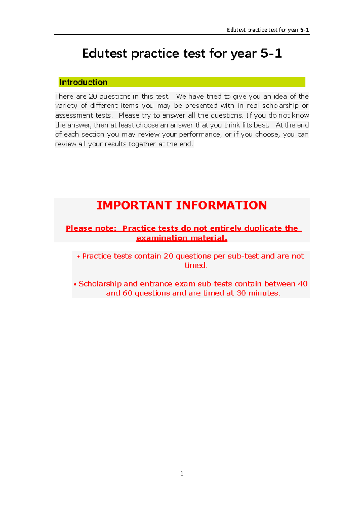 Edutest Practice Test for Year 5: Verbal & Numerical Reasoning - Studocu