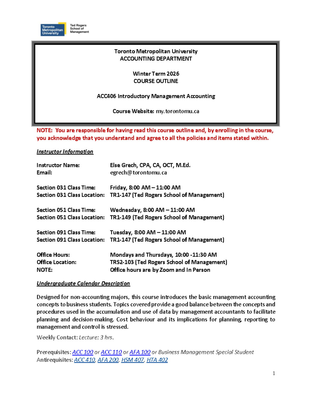 ACC406 - Introductory Management Accounting Course Outline W2026 - Studocu