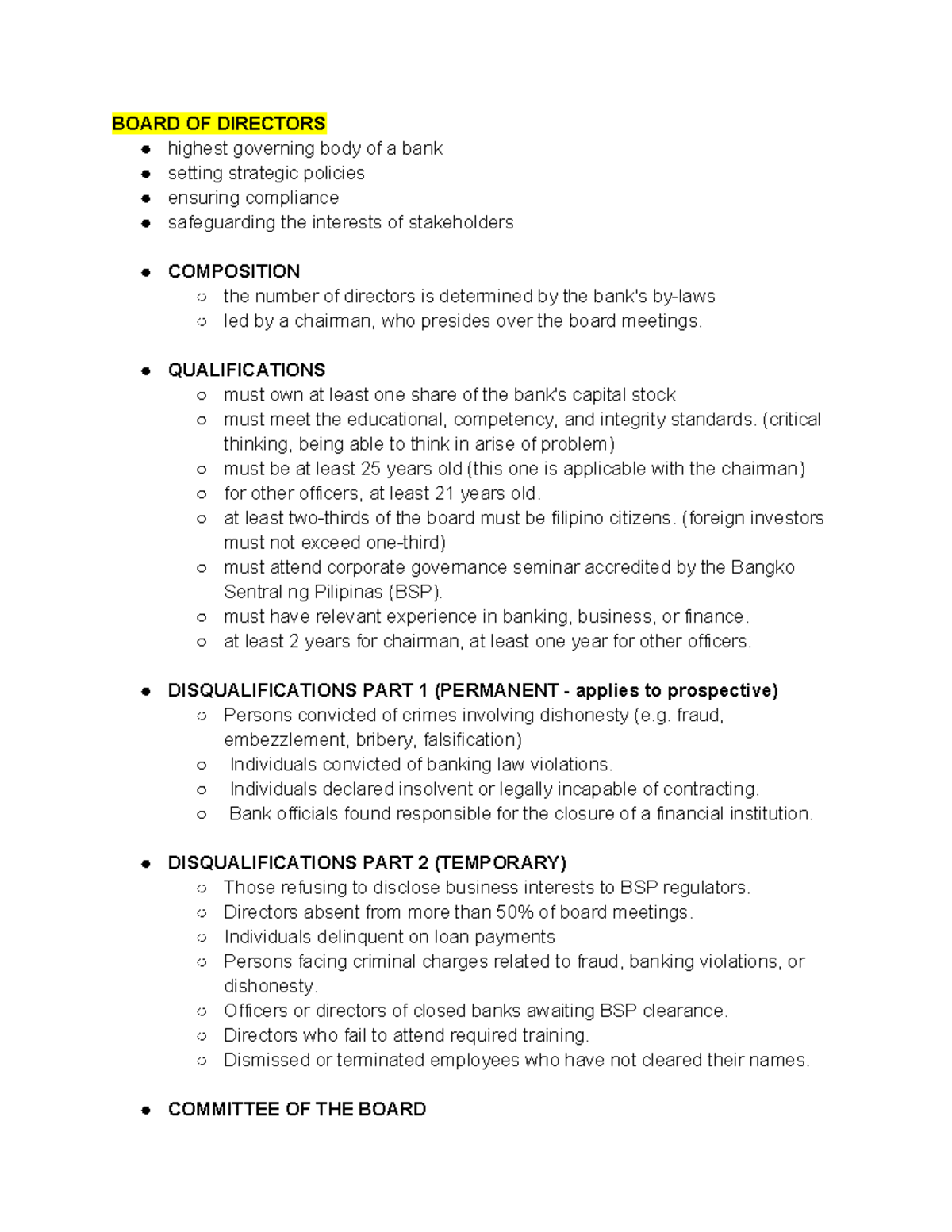 BANK Management (Notes): Board of Directors, Roles, and ...