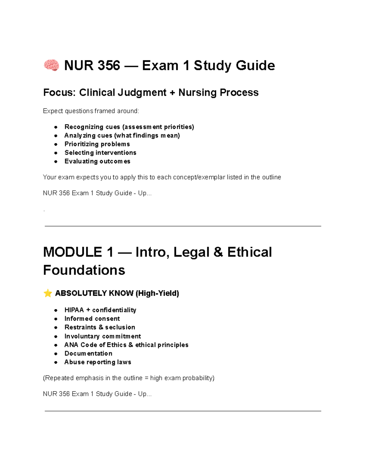 NUR 356 Exam 1 Study Guide: Clinical Judgment & Key Concepts - Studocu