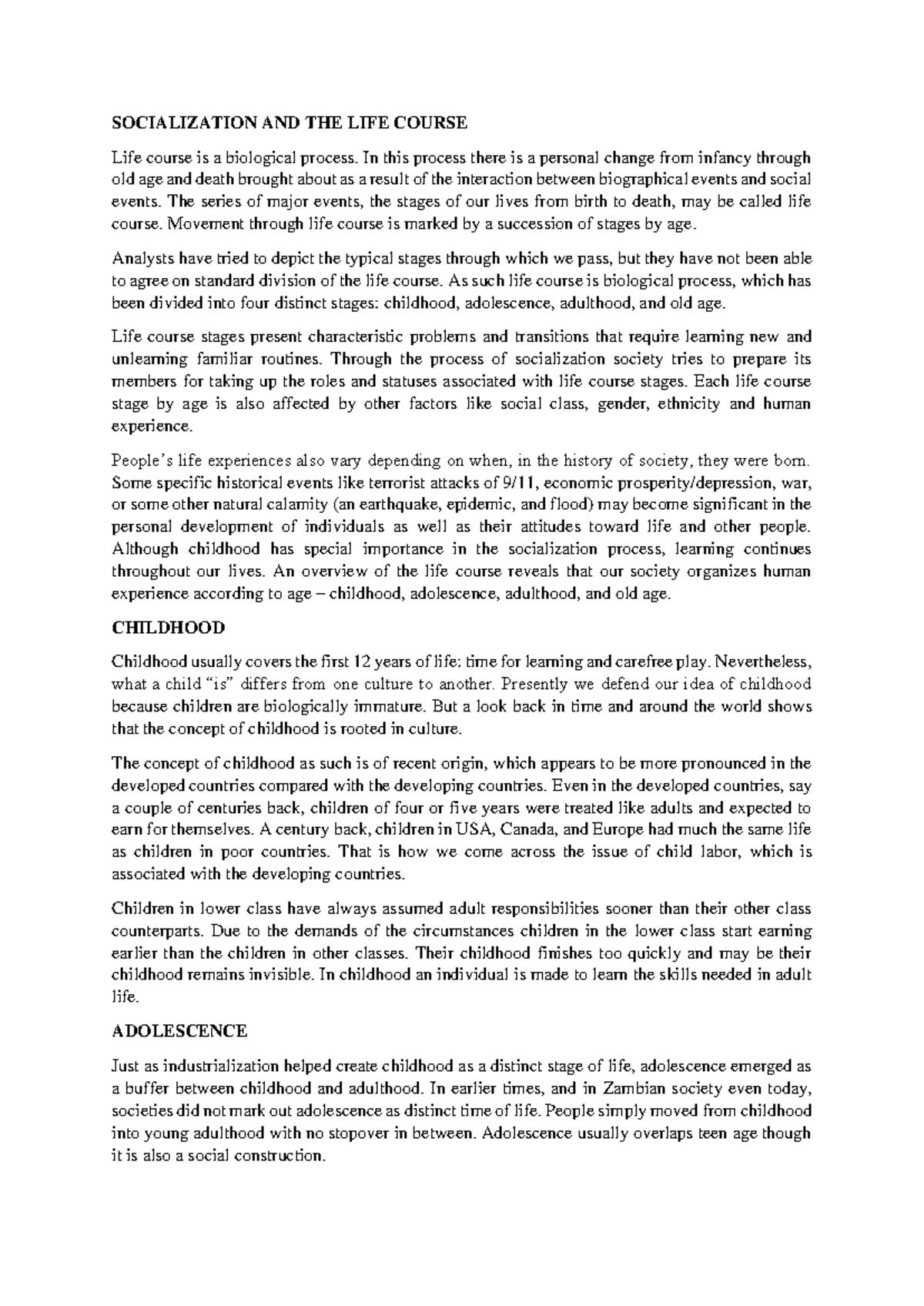 SOC 101: Socialization and the Life Course Overview - Studocu