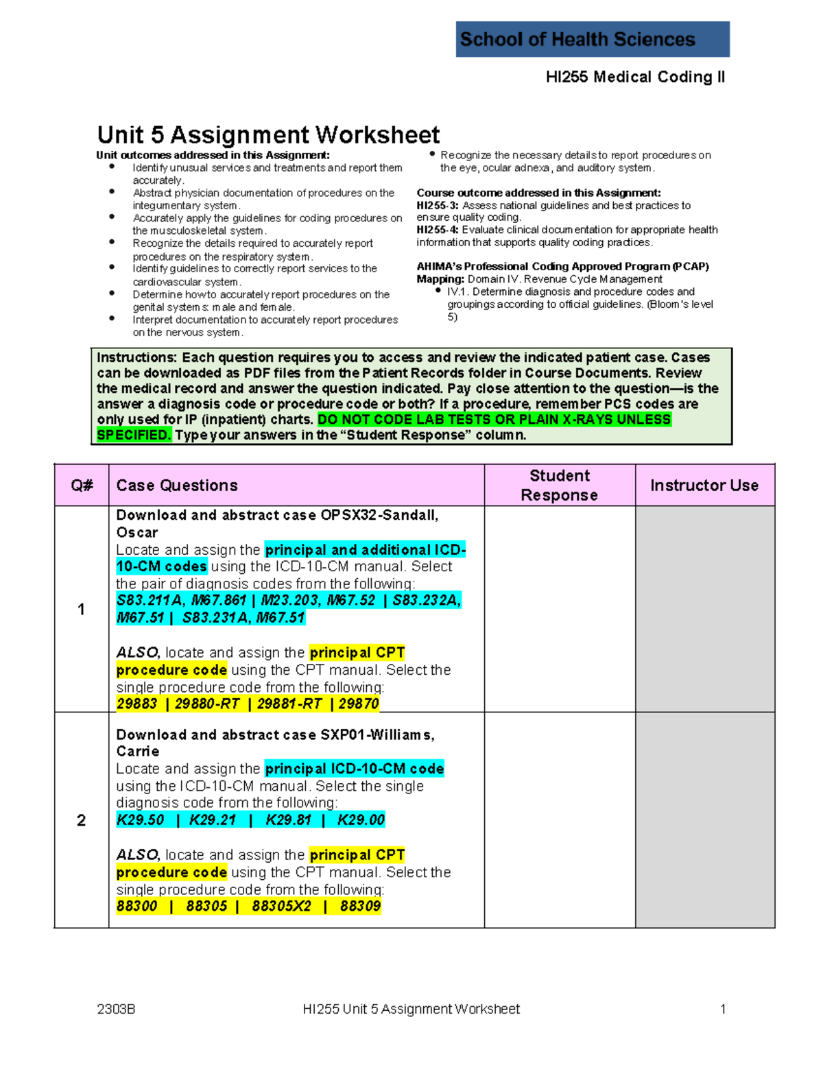 HI255 Medical Coding II - Unit 5 Assignment Worksheet (2303B