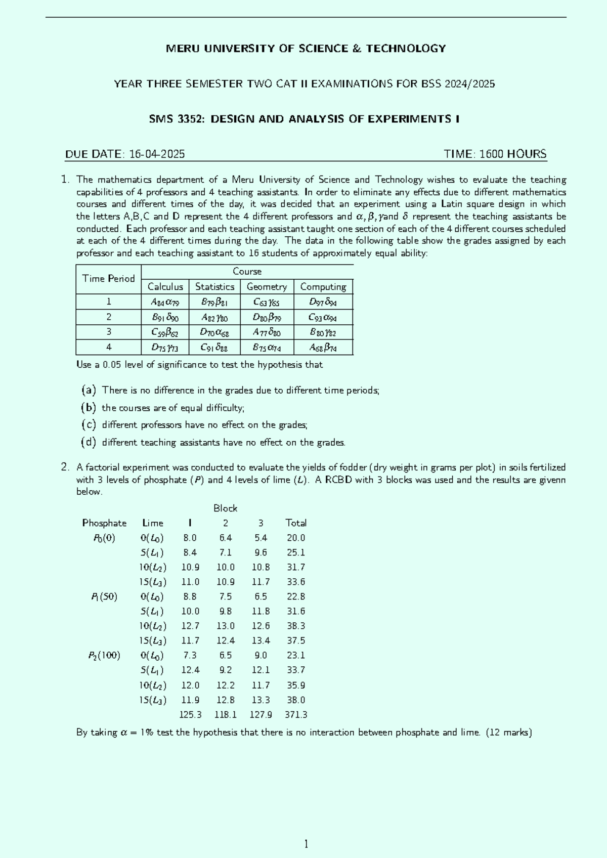 SMS 3352 CAT II - Design and Analysis of Experiments I Exam Guide - Studocu