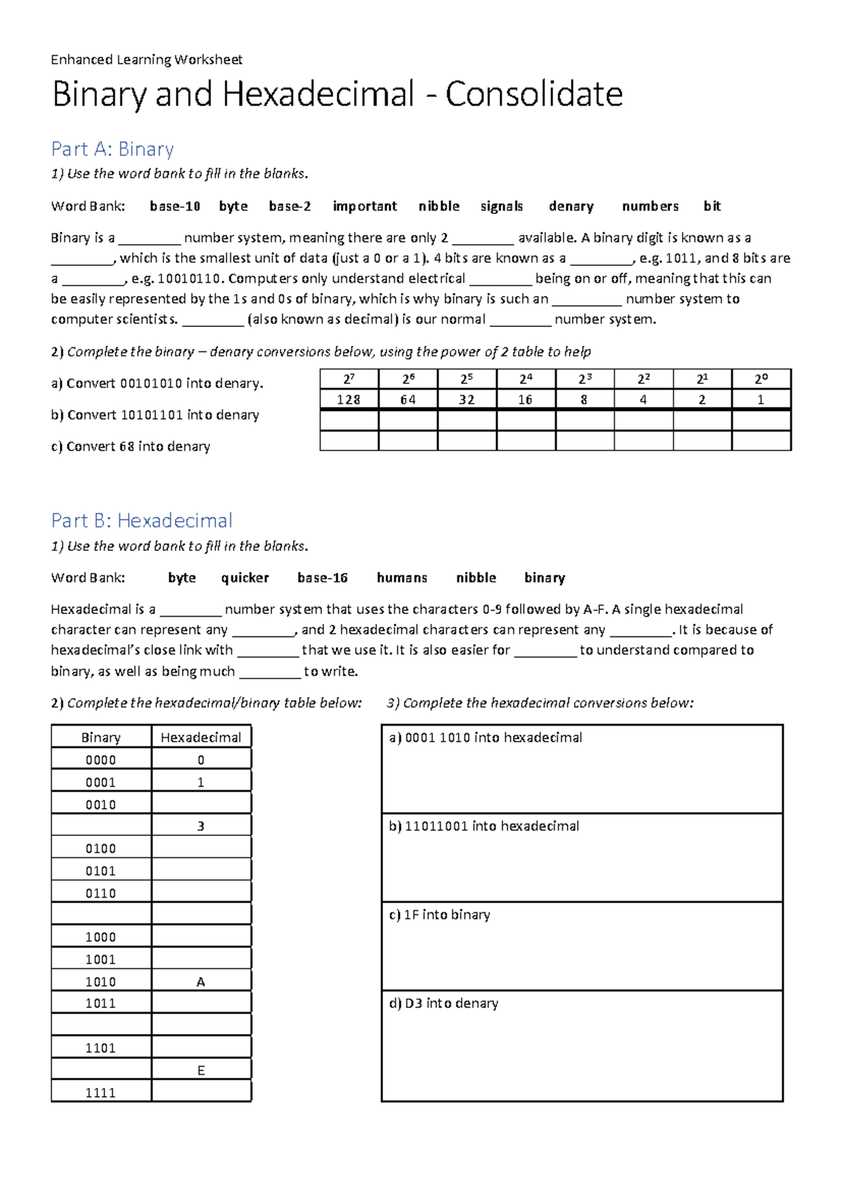 5 Binary and Hexadecimal EL - Enhanced Learning Worksheet Binary and ...