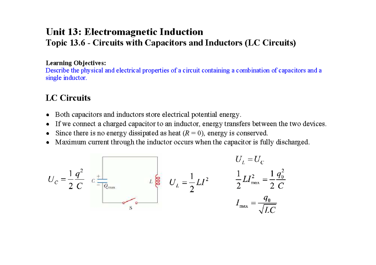Unit 13: 13.6 LC Circuits - Capacitors & Inductors Notes - Studocu