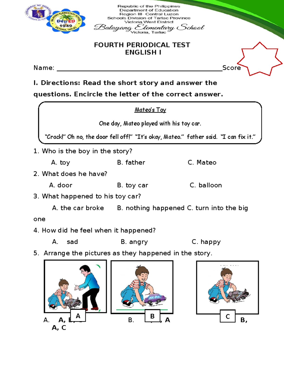 Fourth Periodical Test English I Pt English 1 Q4 V3 Studocu