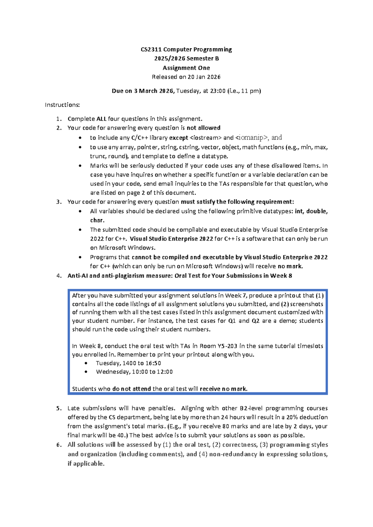 CS2311 Computer Programming Sem B Assignment 1 Instructions & Details ...