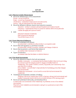 KIN 220 final lab review - KIN 220 Lab Final Review Lab 1 Physical ...