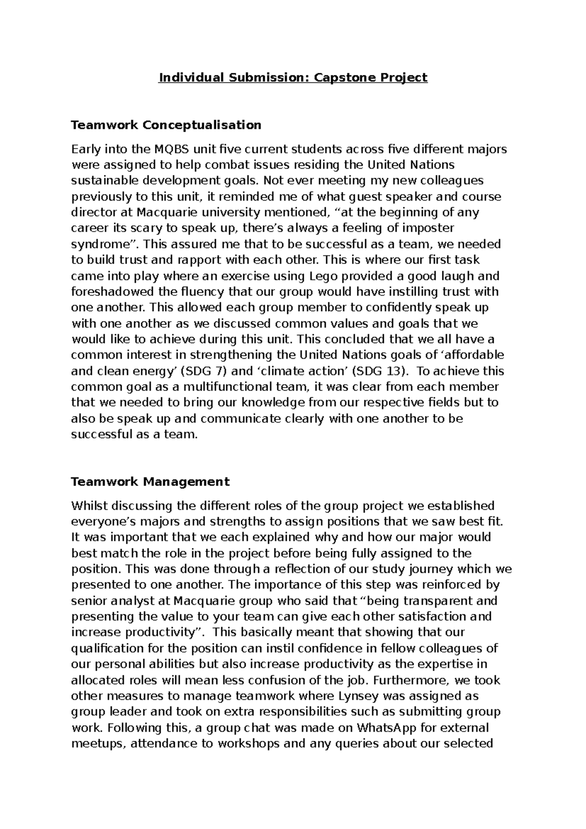 MQBS Unit 5: Individual Teamwork Reflection on Capstone Project ...