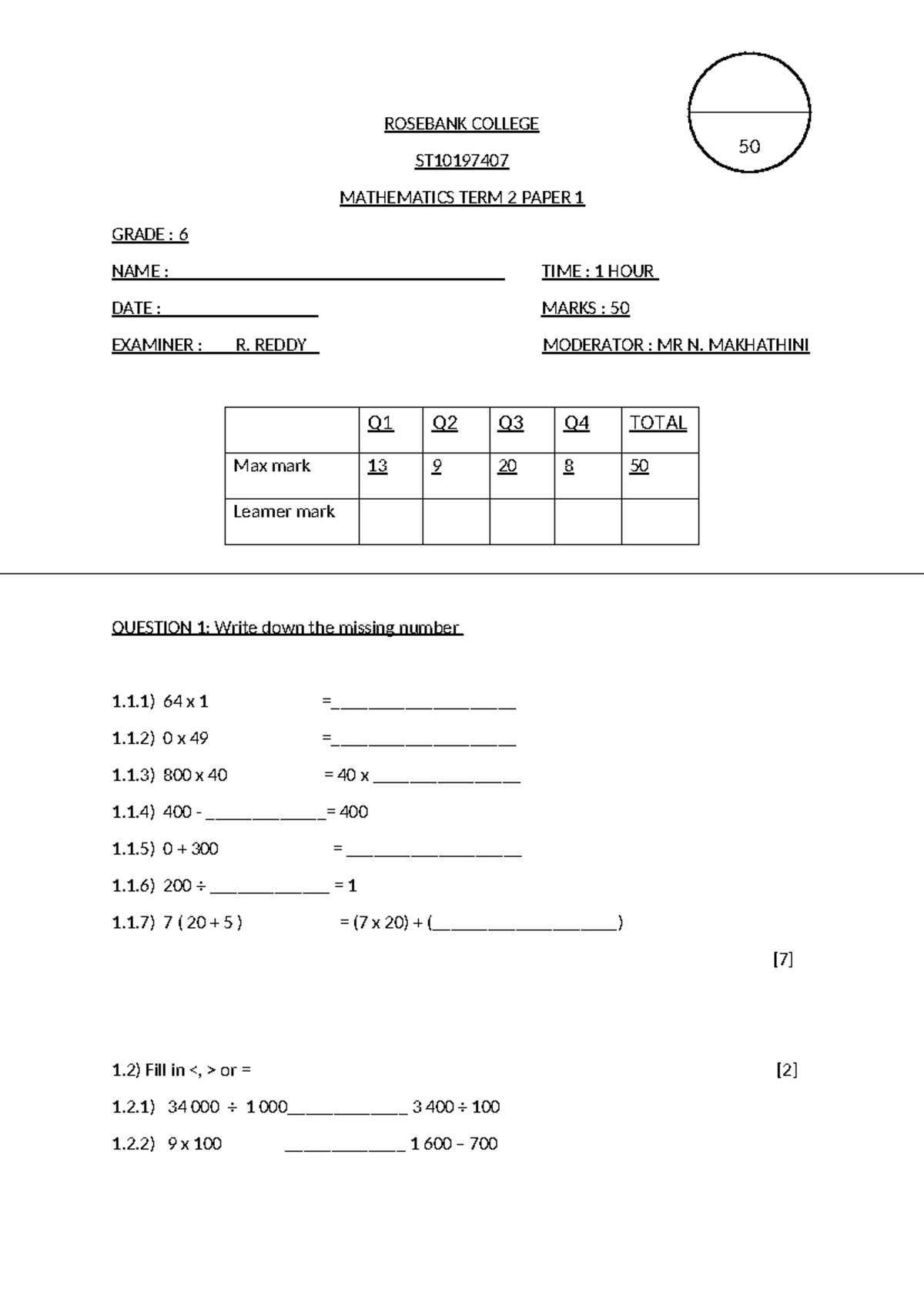 ST10197407 Mathematics Term 2 Exam Paper 1 for Grade 6 - Studocu