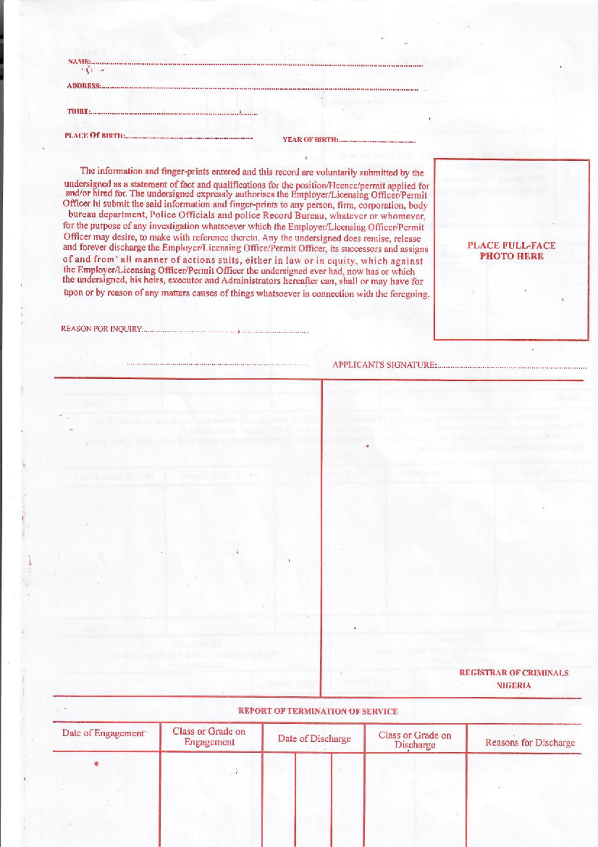 PCC Biometric Form for Female Applicants: Personal Info & Service ...