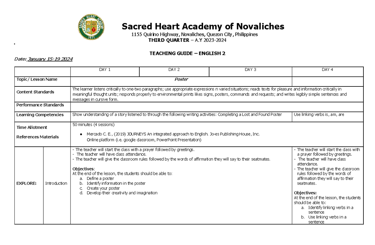 ENG 2 WEEK 2 Q3 - This is a Sample Lesson Plan for English 2. - Sacred ...