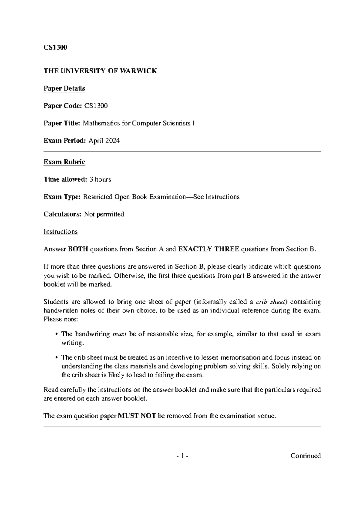 Cs1300 Mathematics for computer scientists I final exam paper - Studocu