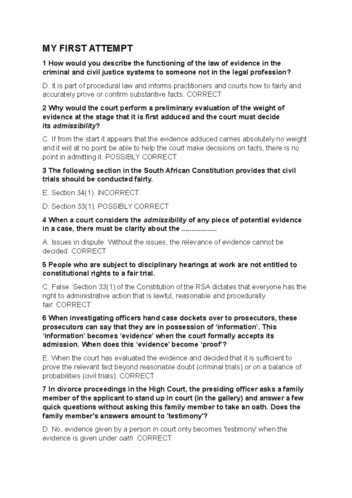 Law of evidence questions and answers for unit 1 and 2 - MY FIRST ...