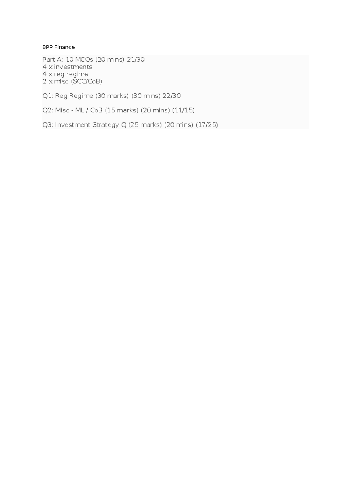 BPP Finance BUSINESS NOTES - BPP Finance Part A: 10 MCQs (20 mins) 21/ ...