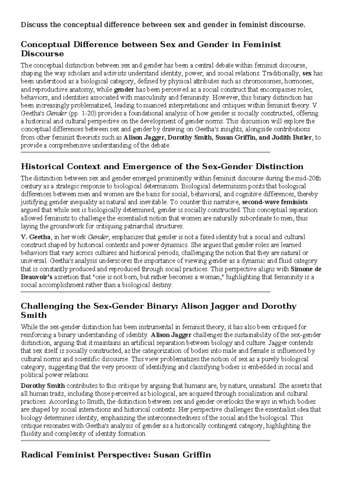 Feminist Discourse: Analyzing the Sex-Gender Distinction in Depth - Studocu