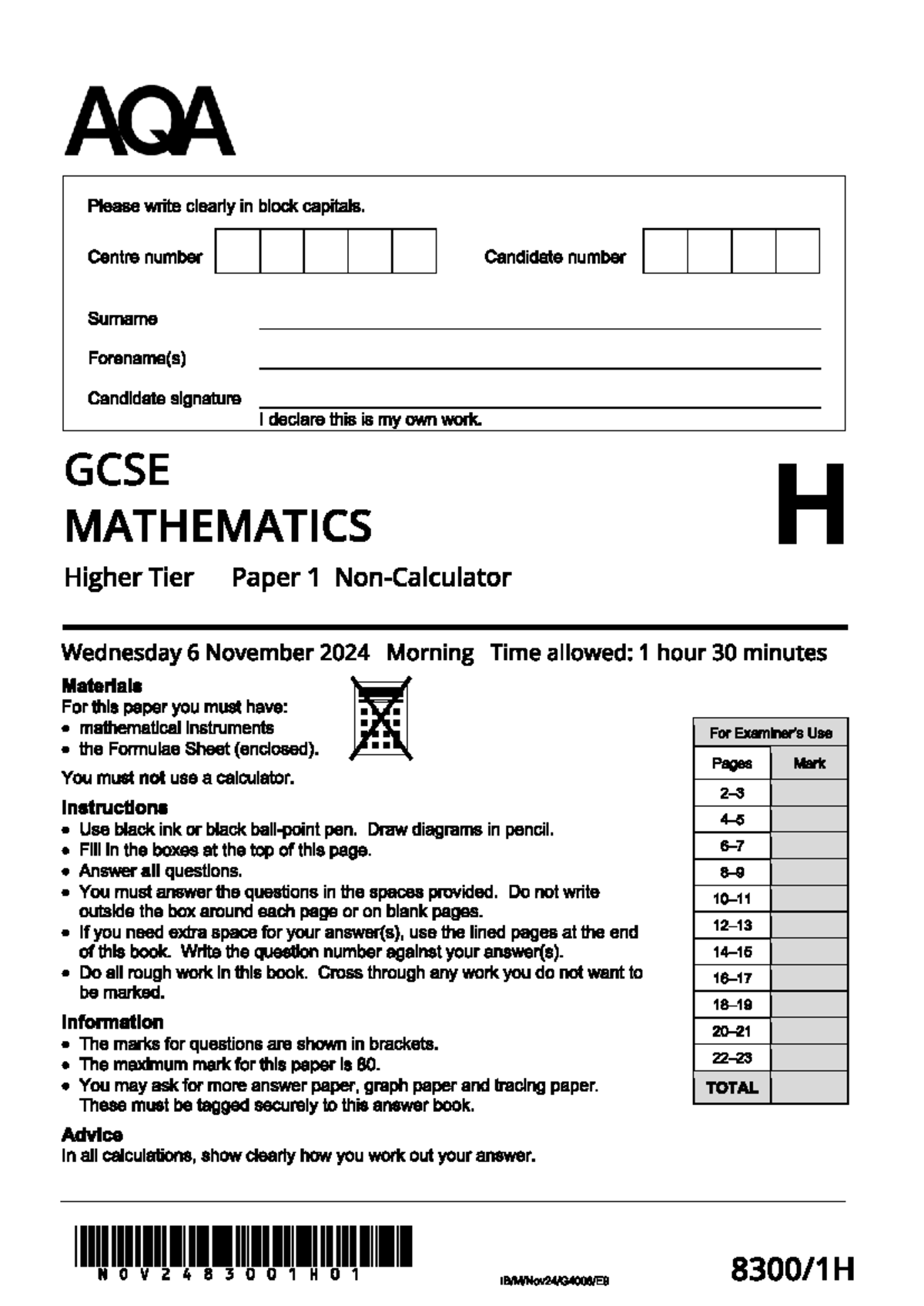 GCSE MATHEMATICS Higher Tier Paper 1 - November 2024 Exam Guide - Studocu