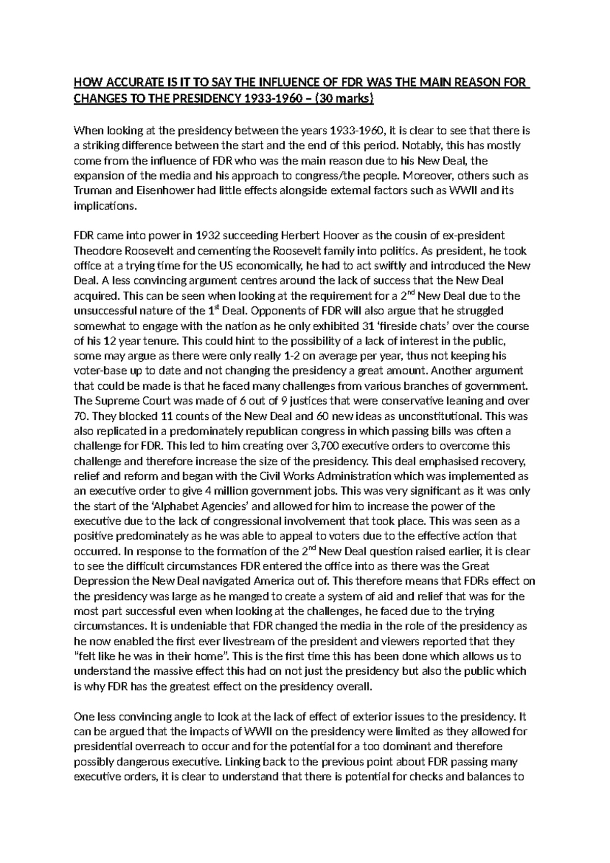 HIST 301: The Impact of FDR on the Presidency (1933-1960) - Studocu
