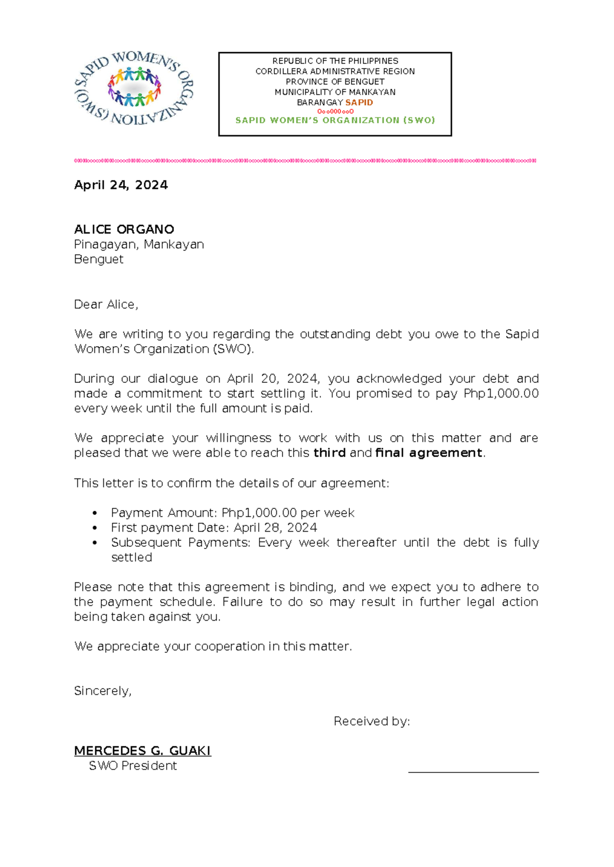 3rd & Final Debt Settlement Letter to Alice - SWO Agreement - Studocu
