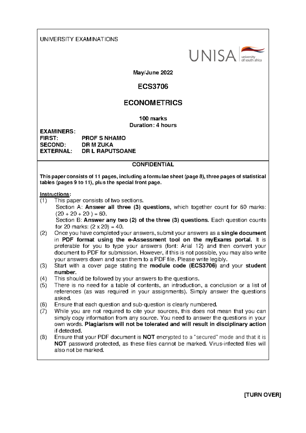 ECS3706 May/June 2022 Econometrics Exam Instructions and Questions ...