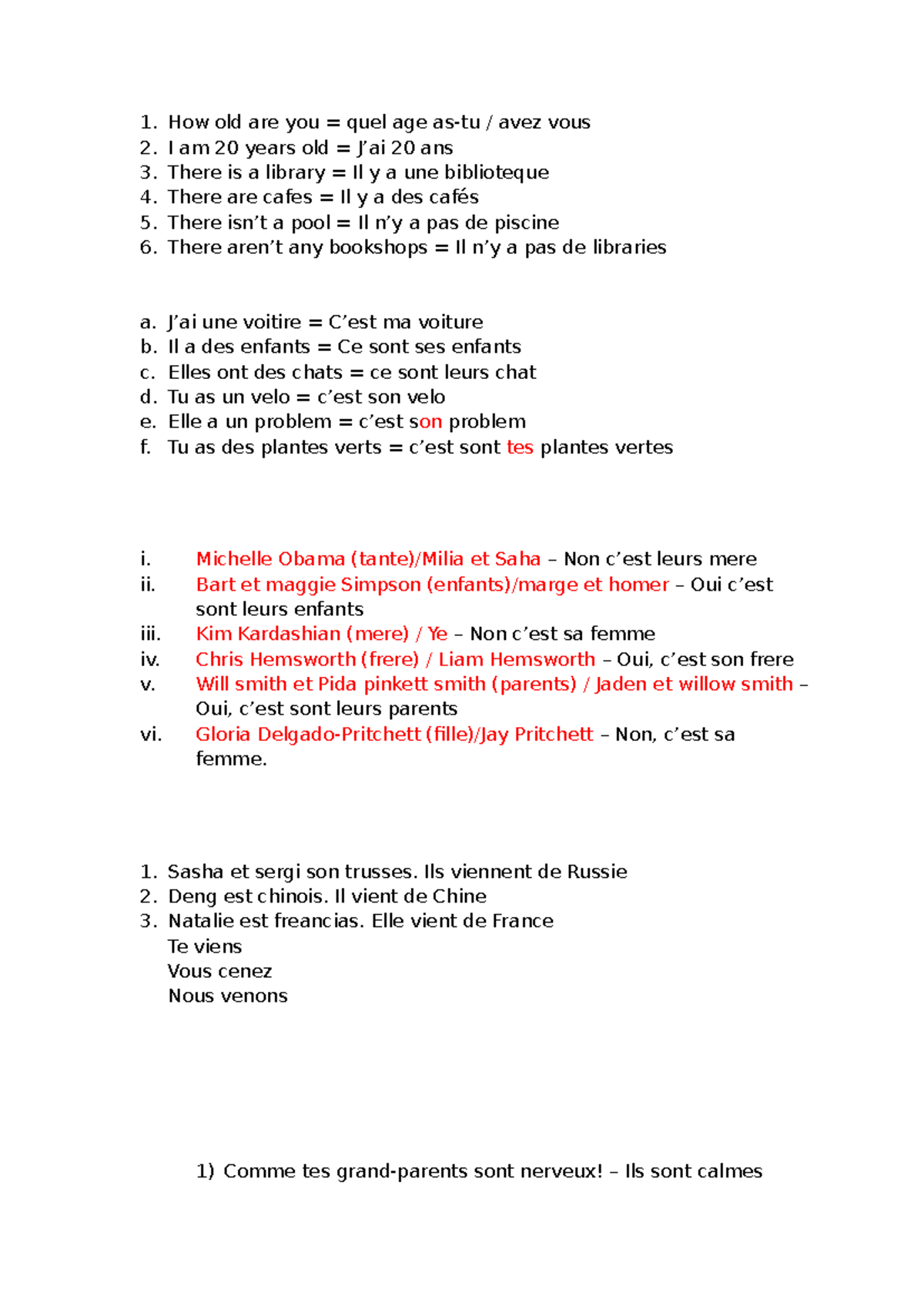 French Possessive Adjectives and Family Vocabulary Notes - Studocu
