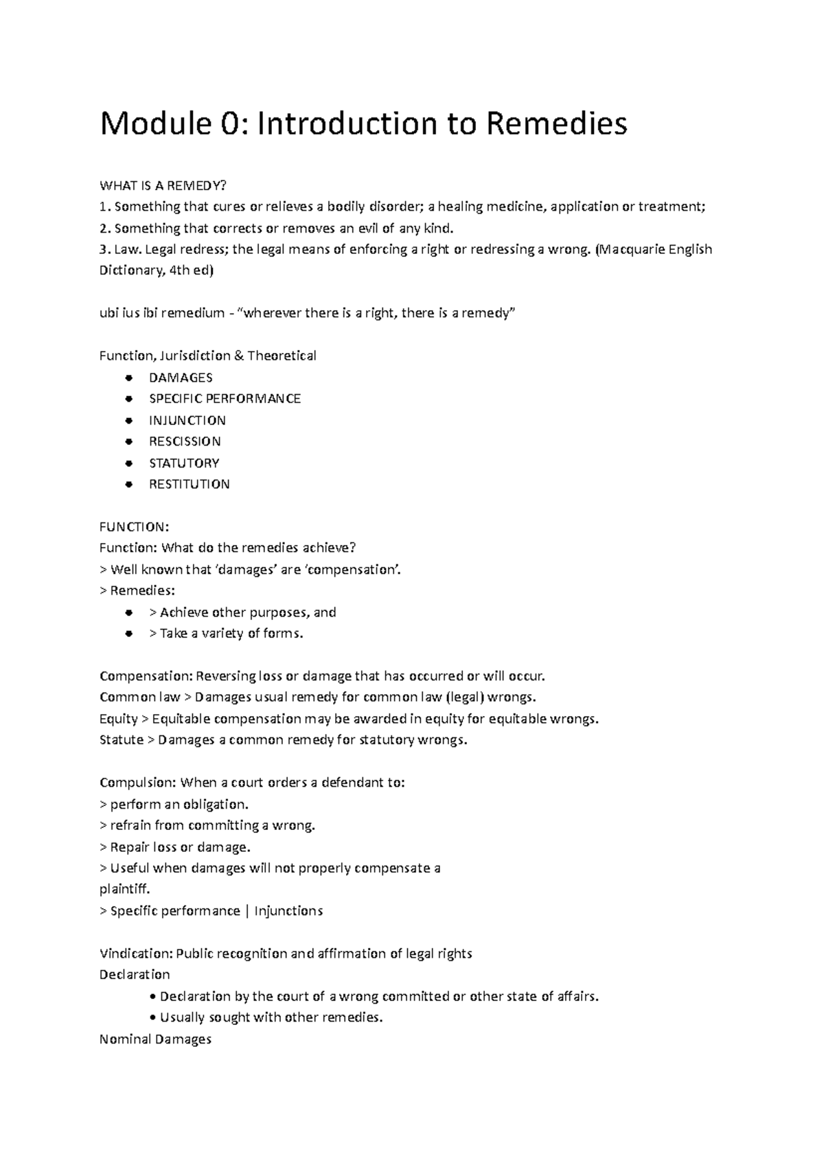 Remedies Full Course Notes (LAW101): Introduction to Legal Remedies ...