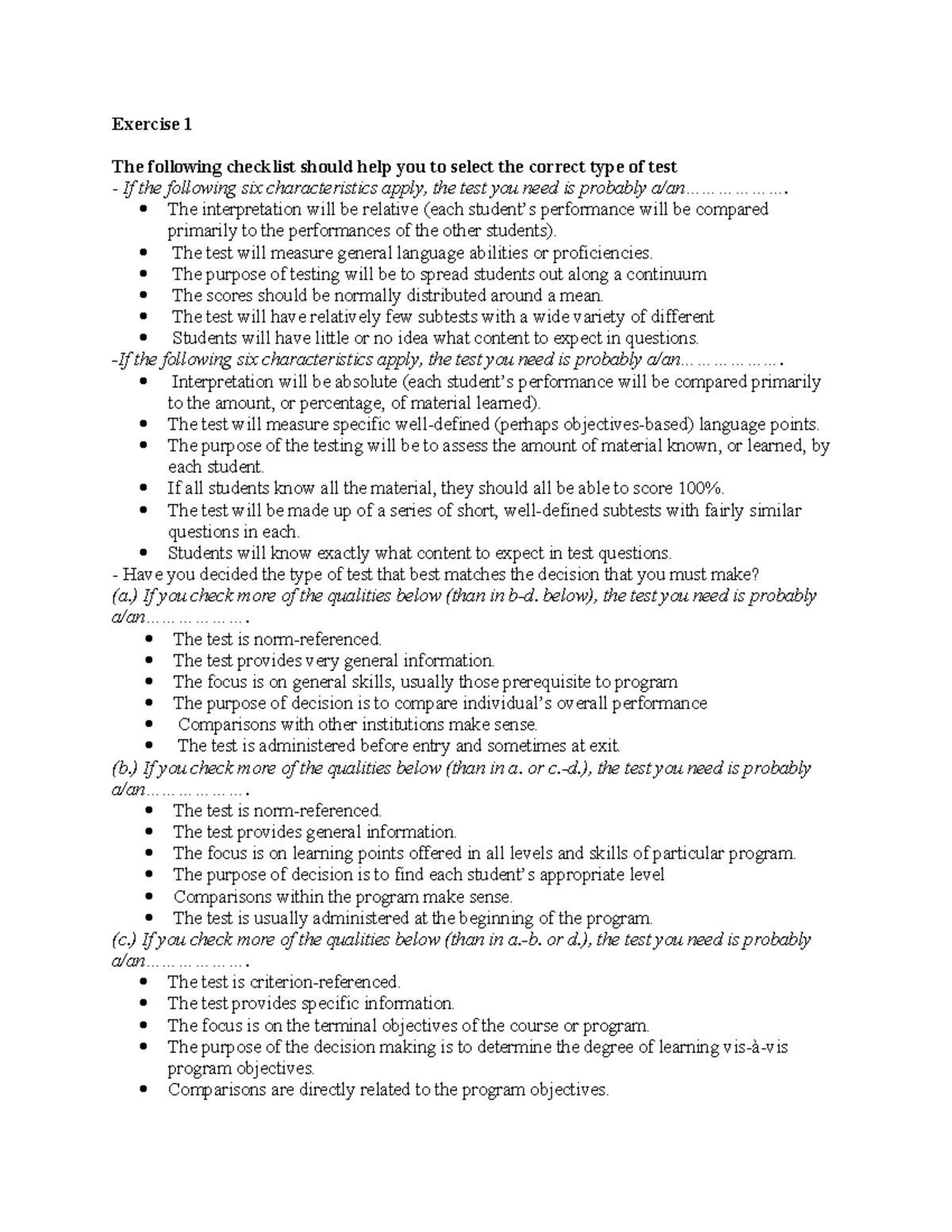 Quiz 1 - Test Selection Criteria and Characteristics - Studocu