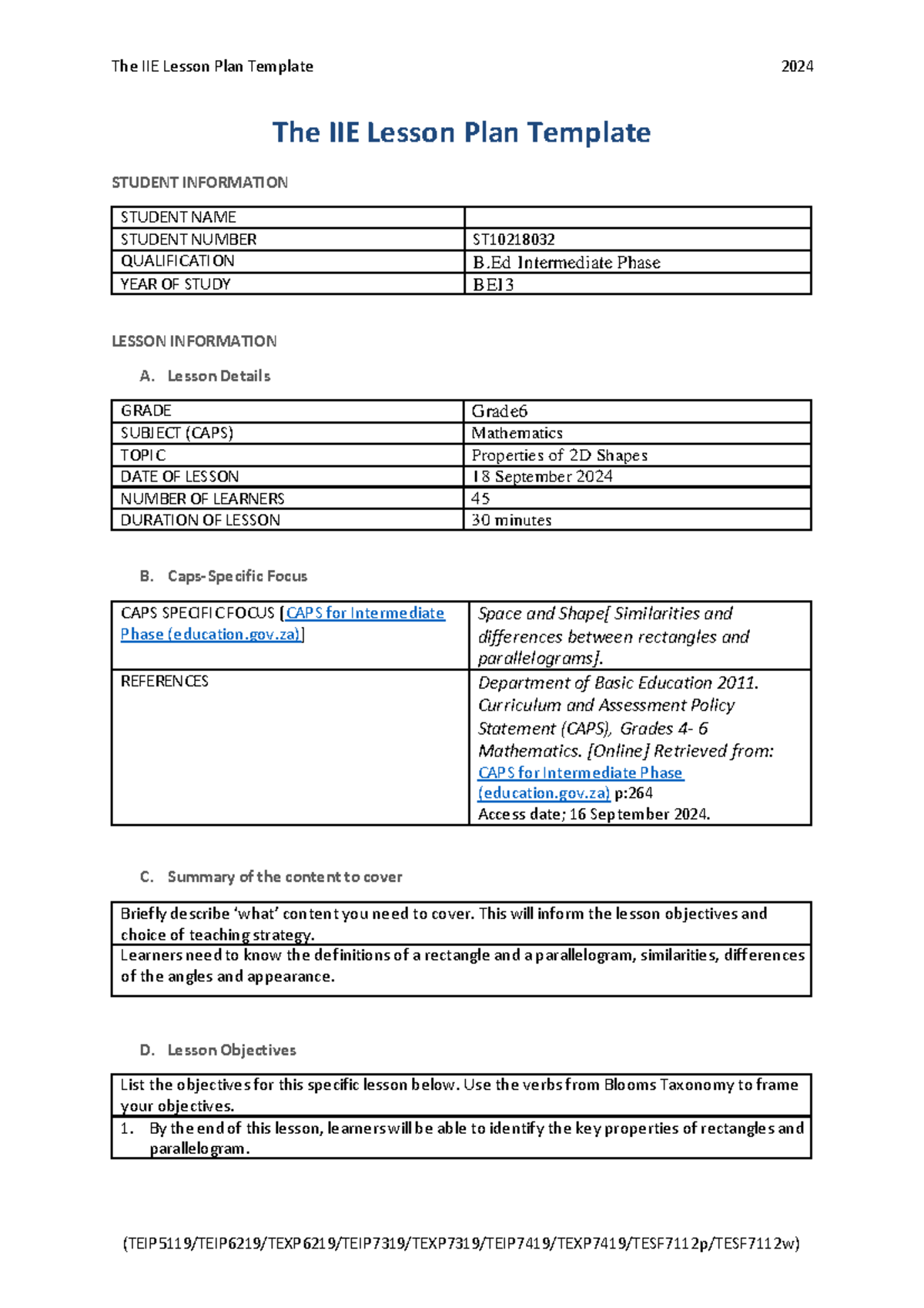 Mathematics Lesson Plan: Properties of 2D Shapes (Grade 6, 2024) - Studocu