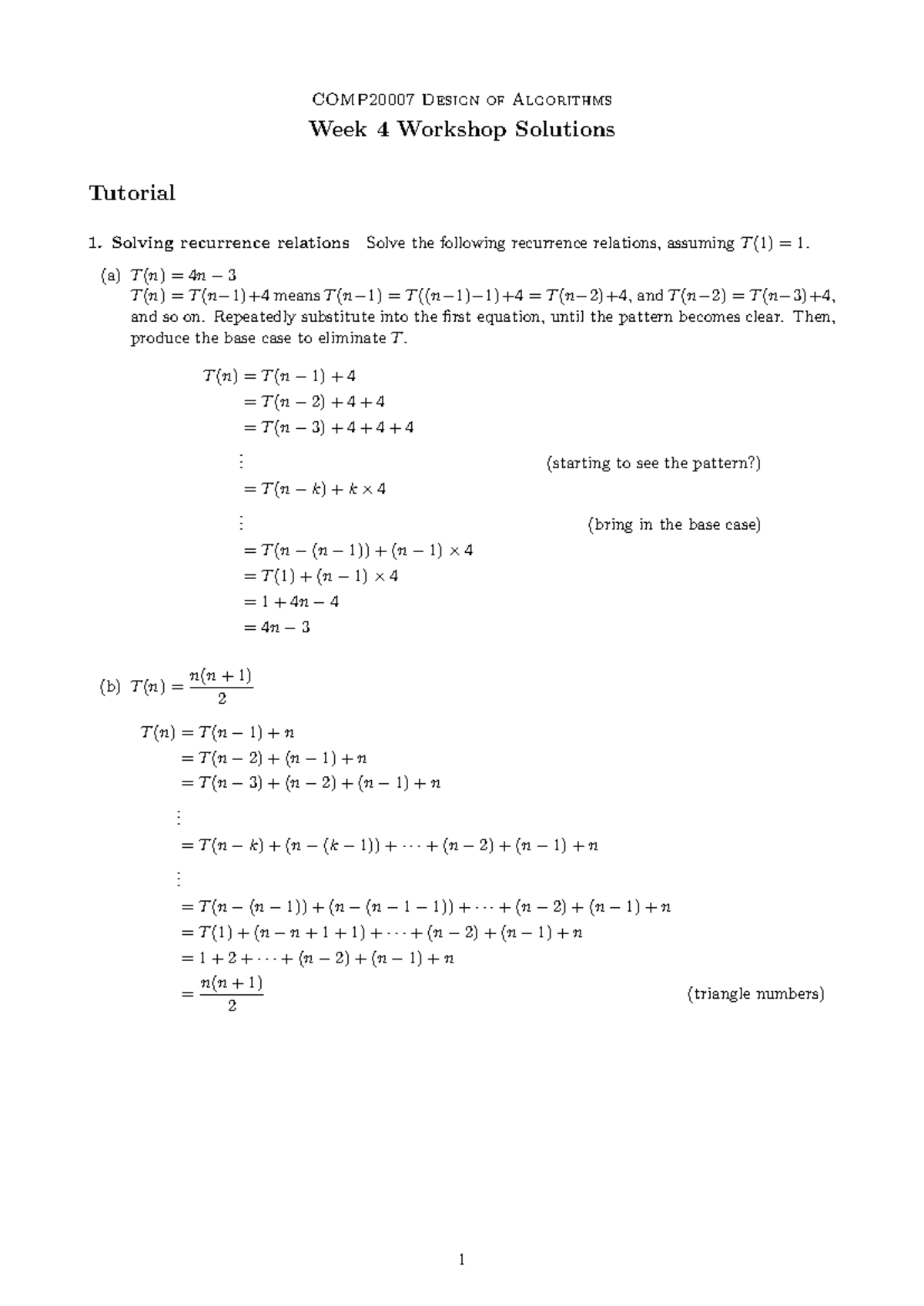 Design of Algorithms (CS101) Week 4 Tutorial Solutions on Recurrences ...