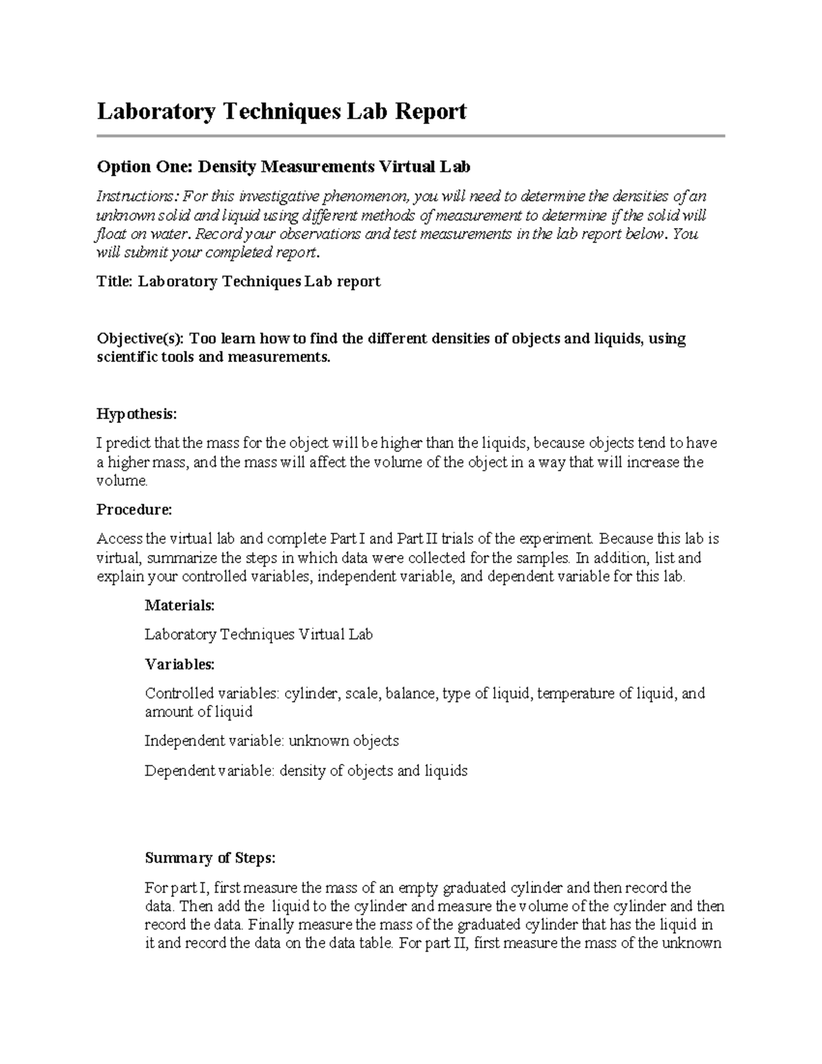Laboratory Techniques Lab Report - Record your observations and test ...