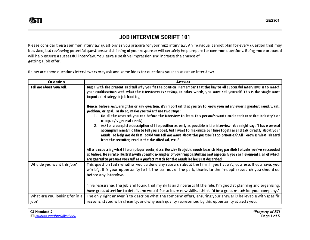 02 Handout 2: Job Interview Script & Preparation Tips - Studocu