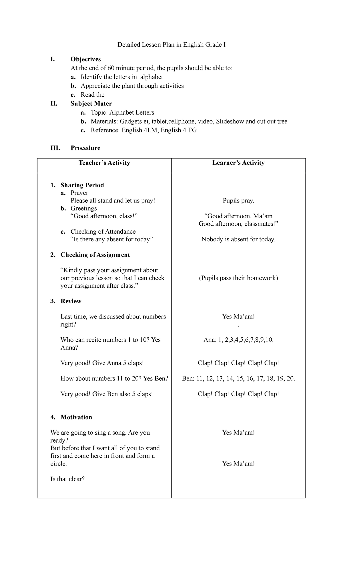Detailed Lesson Plan: English Grade I - Alphabet Focus - Studocu
