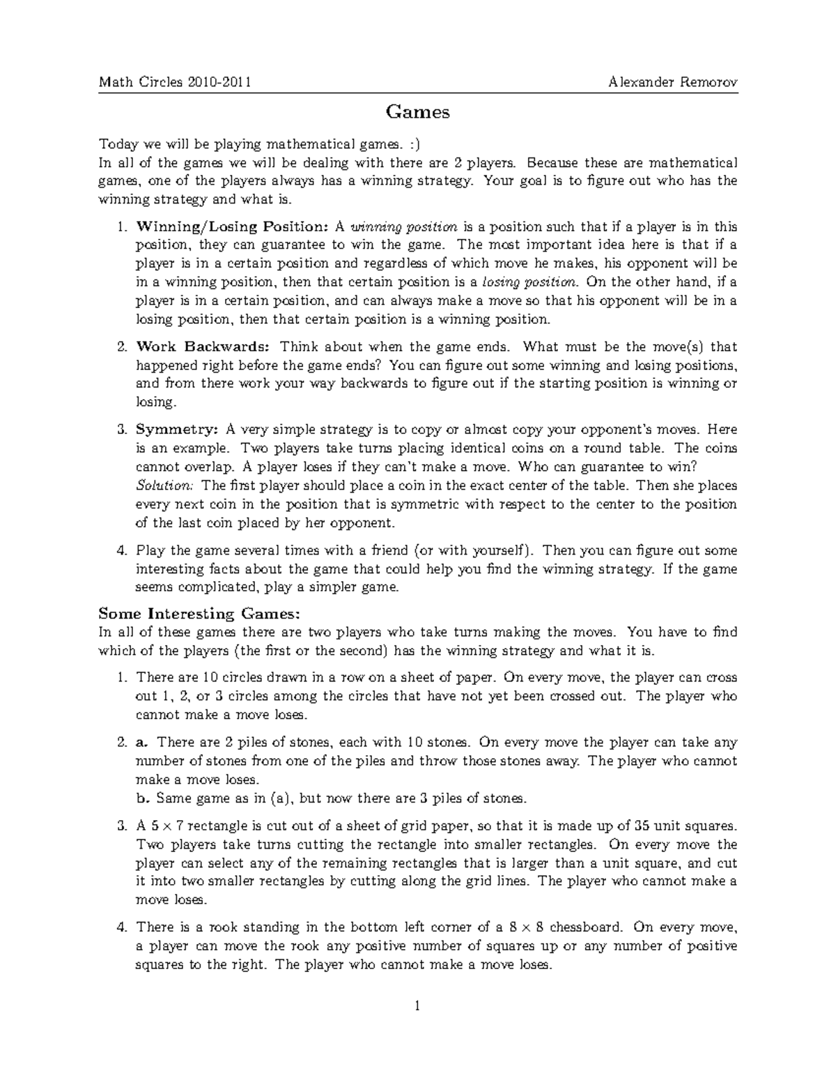 Math Circles: Winning Strategies in Games (MC Games Notes) - Studocu