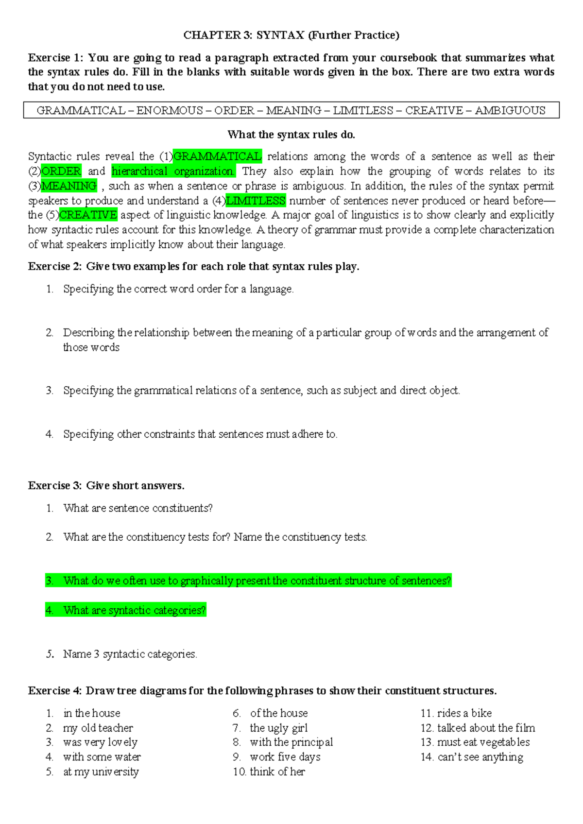CHAPTER 3: SYNTAX (Further Practice) Exercises & Tree Diagrams - Studocu