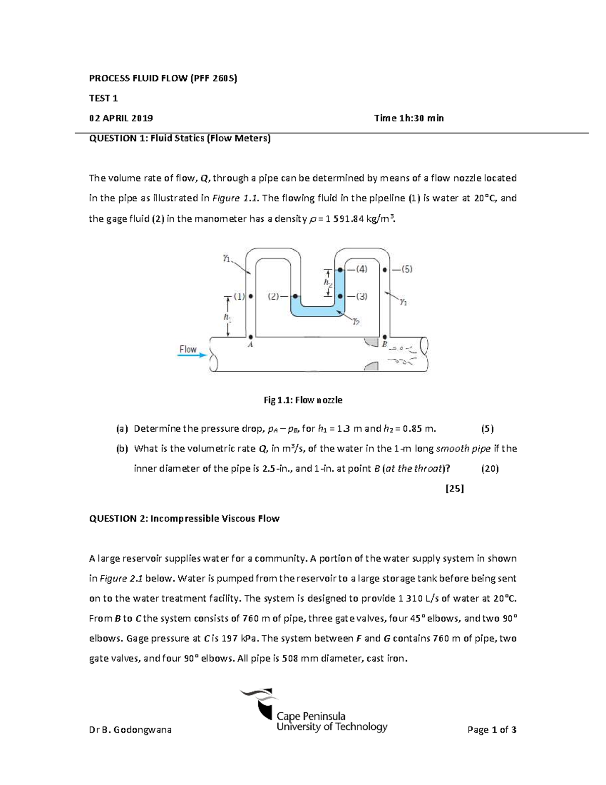 Test 1 Solutions for PROCESS FLUID FLOW (PFF 260S) - 2019 - Studocu