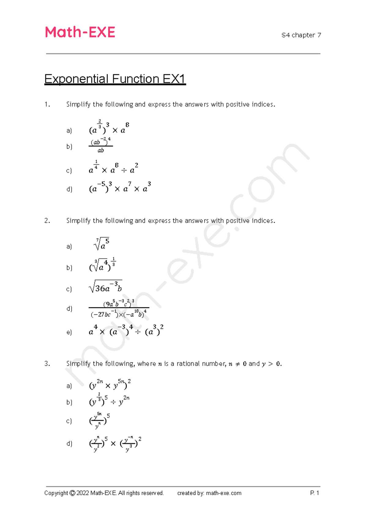 S4 Chapter 7 Exponential Functions Exercise 1 Solutions and ...
