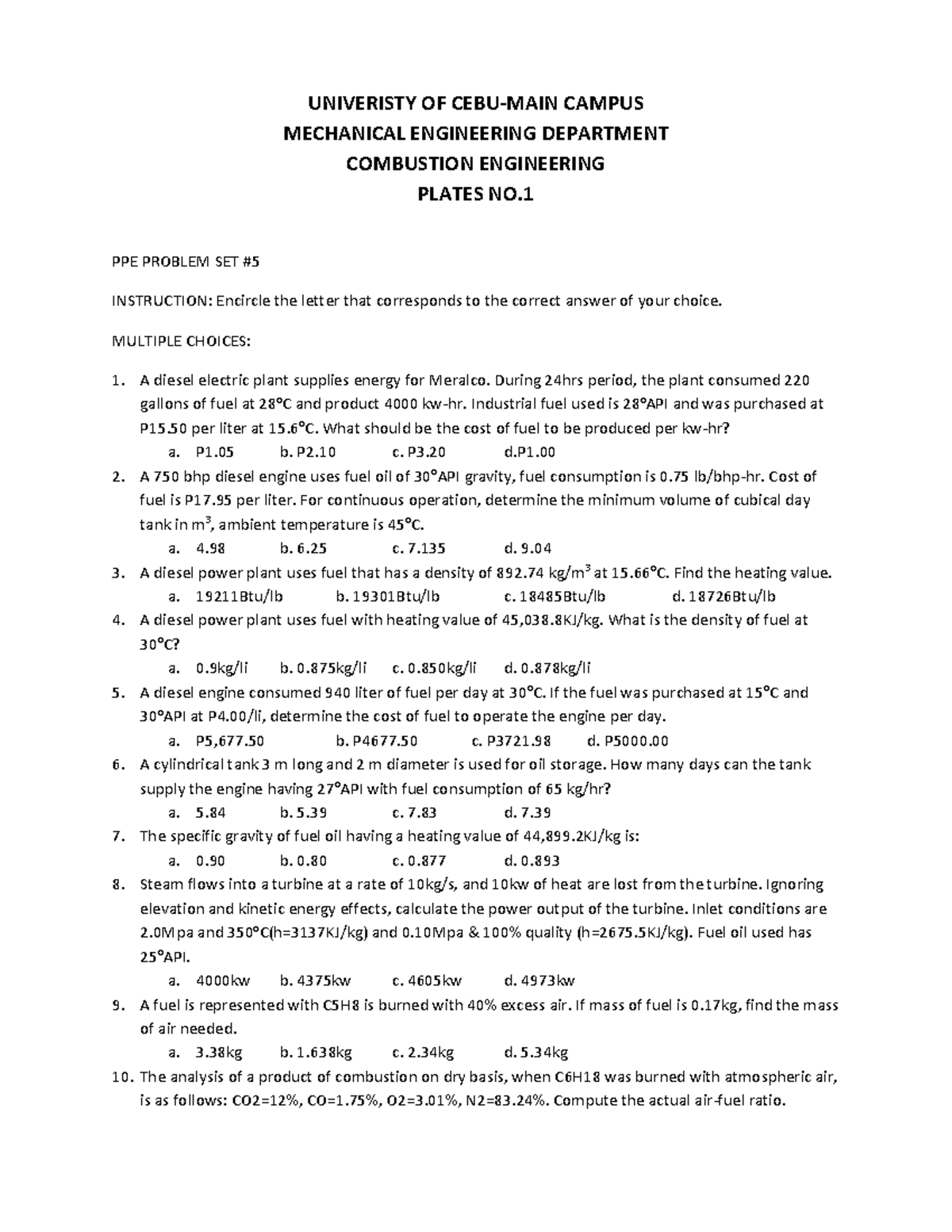 ME 101: Combustion Engineering Problem Set Plates No. 1 - Studocu