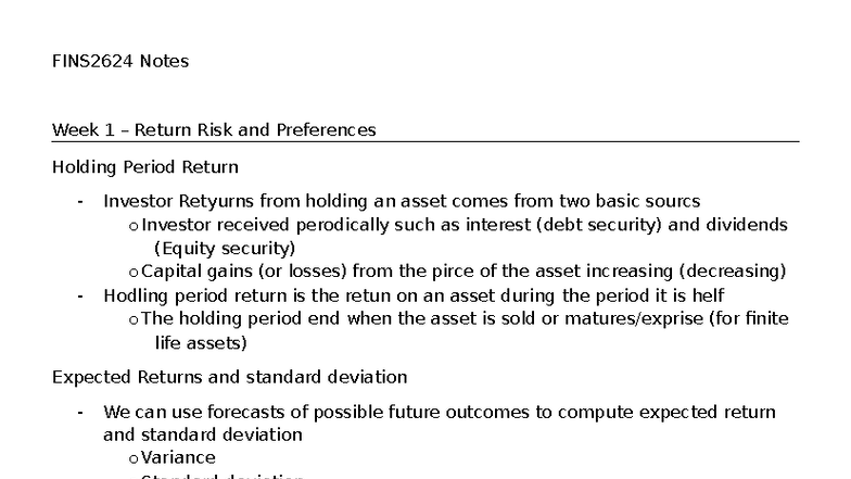 FINS2624 Week 1 Notes: Return Risk, Preferences & Portfolio Theory ...